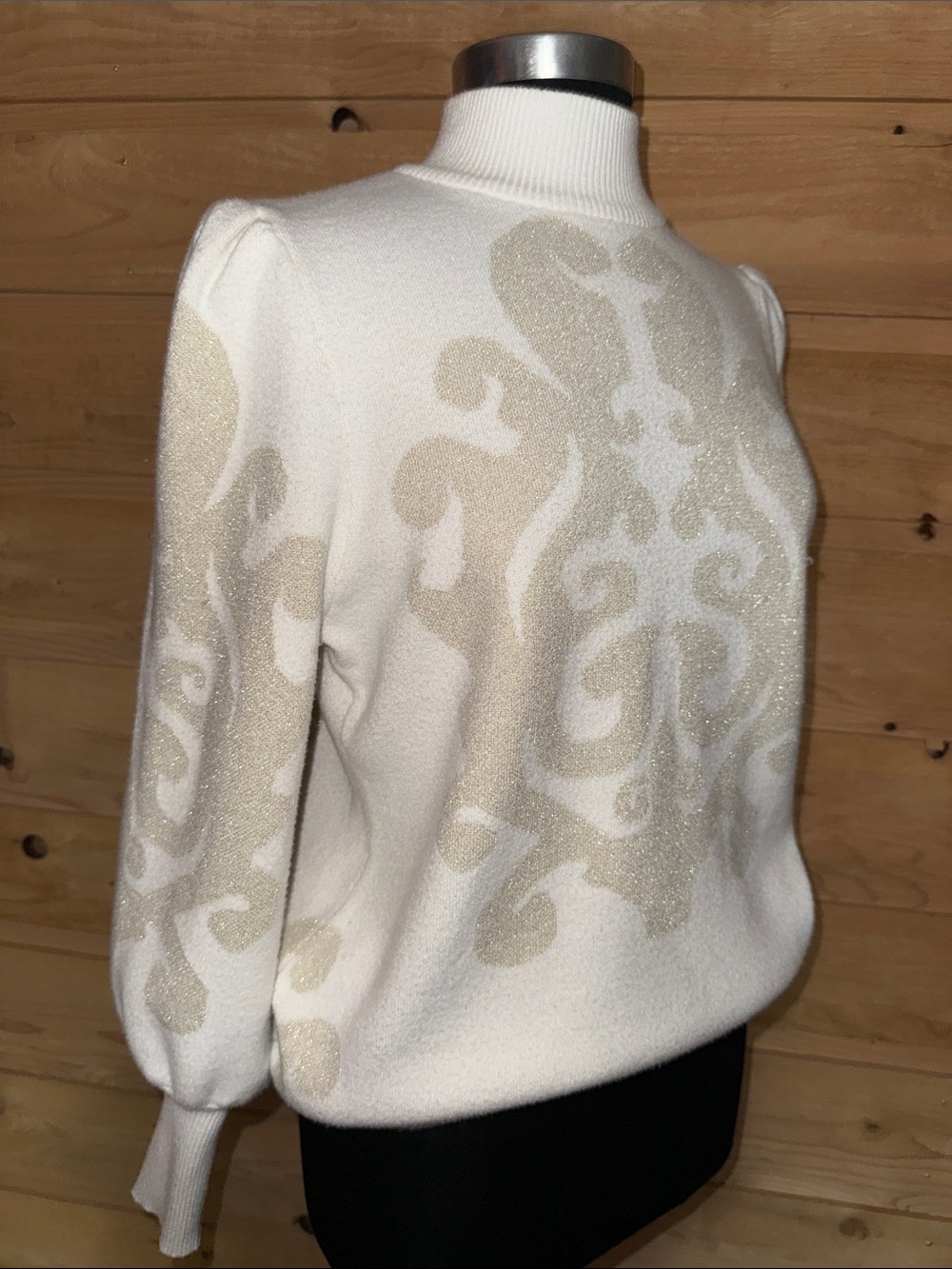 Cream and gold metallic jacquard mock neck poof sleeves Rachel Zoe Sweater